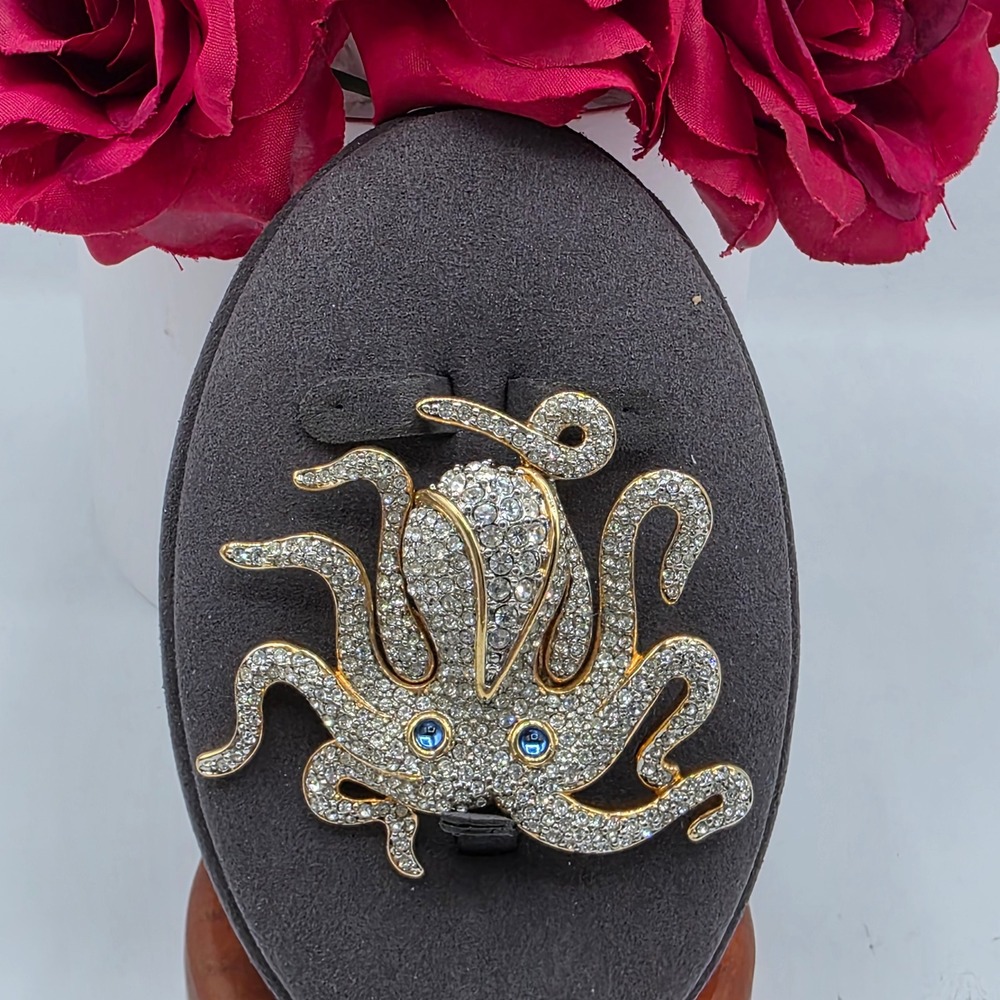 Swarovski Gold Tone Pave Crystal Octopus Brooch Blue Eyes Nautical‎ Swan Logo